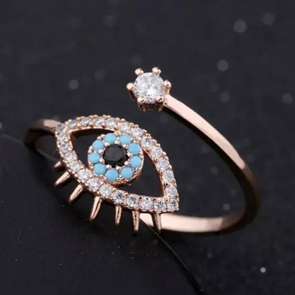 NEW Rose Gold Blue Evil Eye Open Ring - Picture 5 of 7